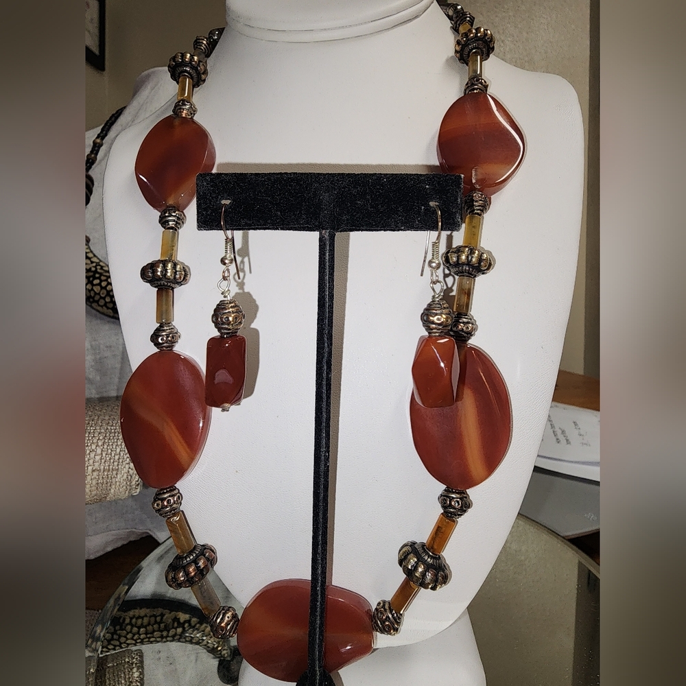 Artisan Carnelian Chunky Necklace and pierced Earring Set